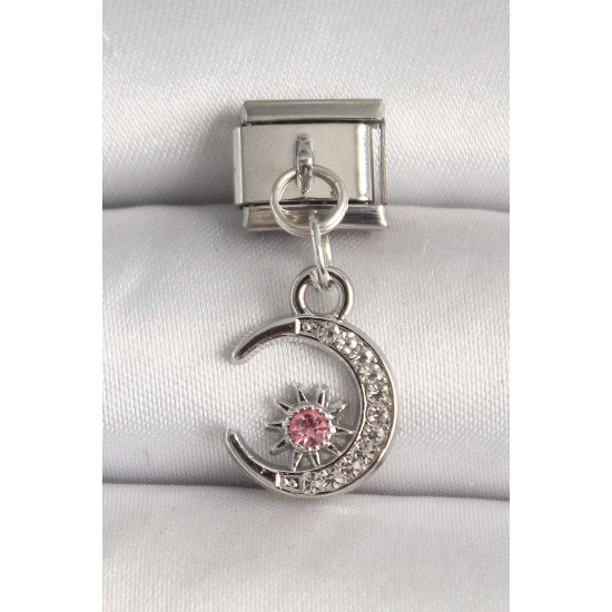 316L Çelik Gümüş Renk Zirkon Taşlı Hilal Model Nomination Charm - TJ-BC1292