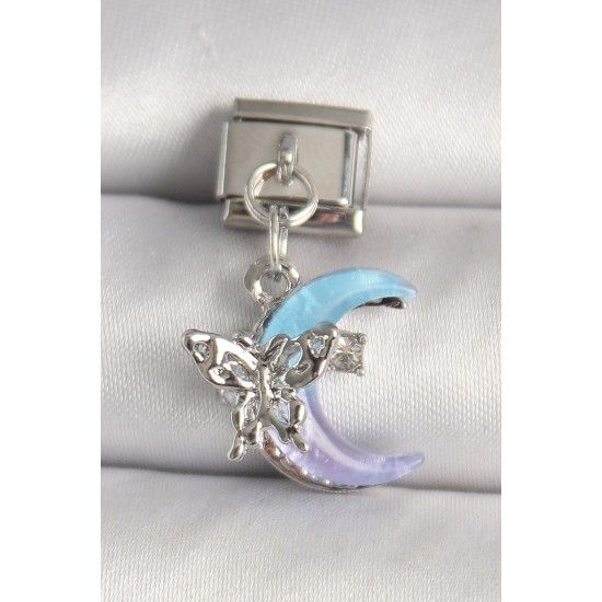316L Çelik Gümüş Renk Mor Mavi Mix Mineli Hilal Kelebek Figür Zirkon Taş Detaylı Nomination Charm - TJ-BC1293