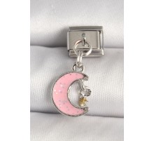 316L Çelik Gümüş Renk Pembe Simli Hilal Model Sallantı Detay Nomination Charm - TJ-BC1294