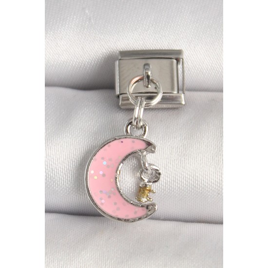 316L Çelik Gümüş Renk Pembe Simli Hilal Model Sallantı Detay Nomination Charm - TJ-BC1294