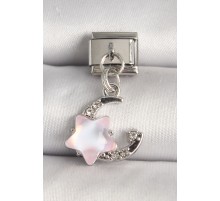 316L Çelik Gümüş Renk Zirkon Taşlı Hilal Pembe Mineli Yıldız Model Nomination Charm - TJ-BC1296