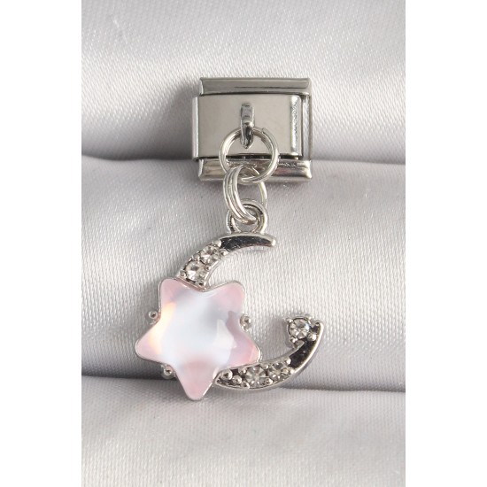 316L Çelik Gümüş Renk Zirkon Taşlı Hilal Pembe Mineli Yıldız Model Nomination Charm - TJ-BC1296