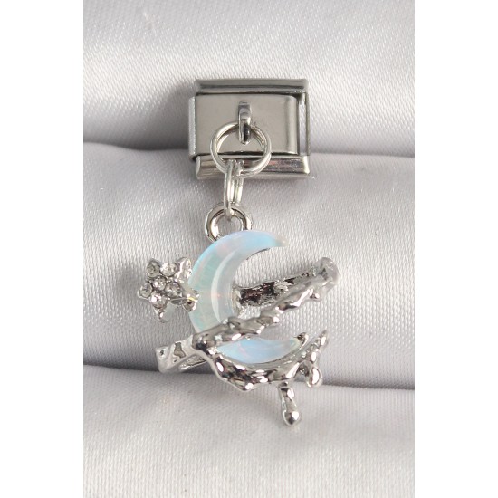 316L Çelik Gümüş Renk Mavi Mineli Hilal Model Nomination Charm - TJ-BC1297