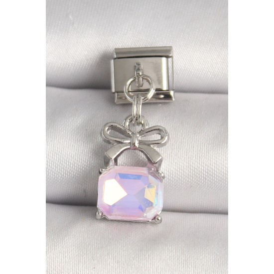 316L Çelik Gümüş Renk Pembe Zirkon Taşlı Çanta Model Nomination Charm - TJ-BC1301