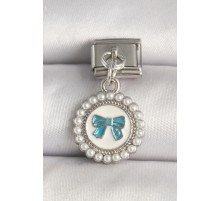 316L Çelik Gümüş Renk Mavi Fiyonk İşlemeli İnci Detaylı Nomination Charm - TJ-BC1303