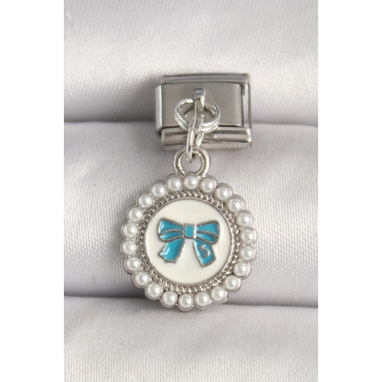 316L Çelik Gümüş Renk Mavi Fiyonk İşlemeli İnci Detaylı Nomination Charm - TJ-BC1303