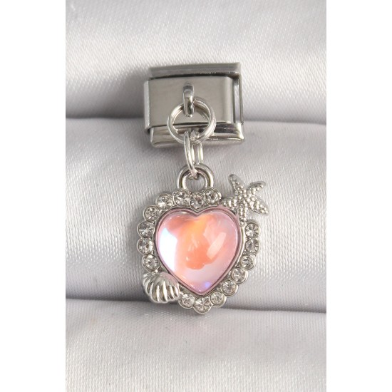 316L Çelik Gümüş Renk Pembe Mineli Kalp Model Deniz Yıldız Detay Nomination Charm - TJ-BC1304