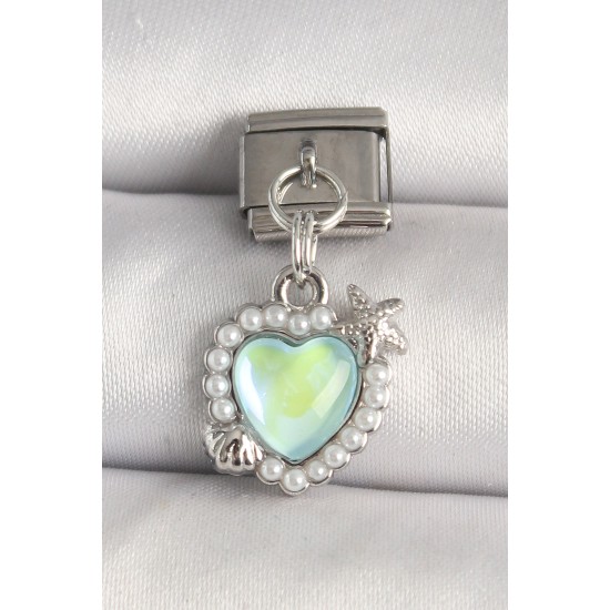 316L Çelik Gümüş Renk Yeşil Mineli Kalp Model Deniz Yıldız Detay Nomination Charm - TJ-BC1305