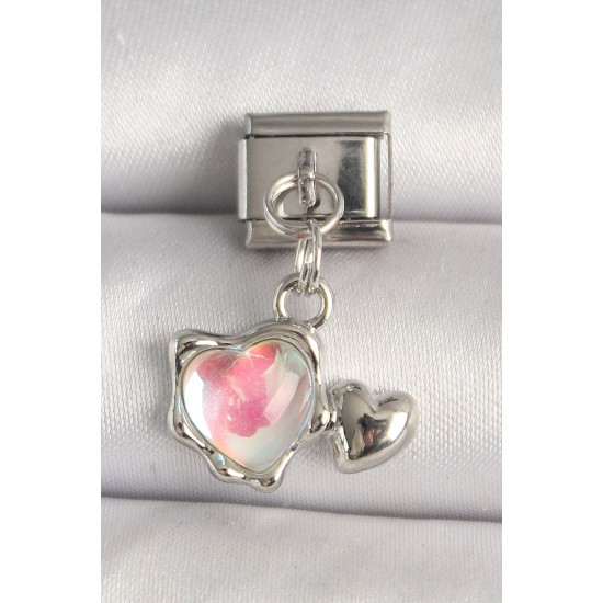 316L Çelik Gümüş Renk Beyaz Mineli Kalp Model Nomination Charm - TJ-BC1307