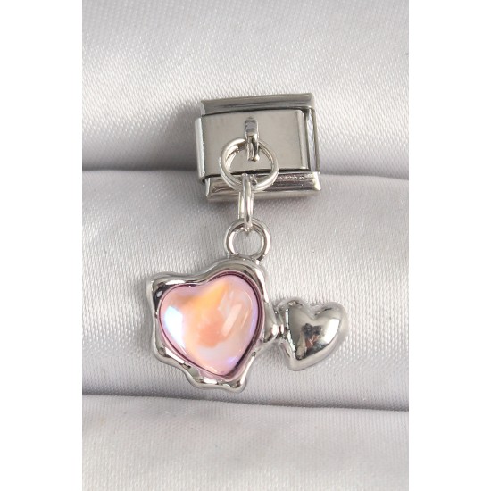 316L Çelik Gümüş Renk Pembe Mineli Kalp Model Nomination Charm - TJ-BC1308