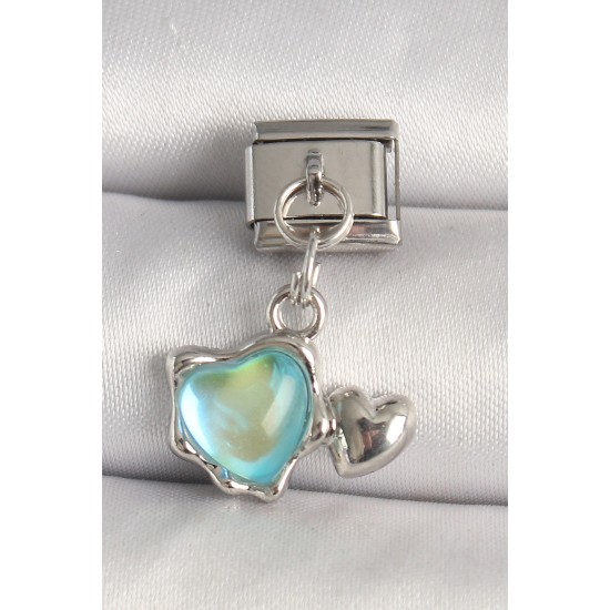 316L Çelik Gümüş Renk Mavi Mineli Kalp Model Nomination Charm - TJ-BC1309