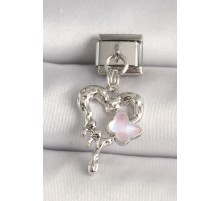 316L Çelik Gümüş Renk Kalp Pembe Mineli Kelebek Detay Nomination Charm - TJ-BC1310