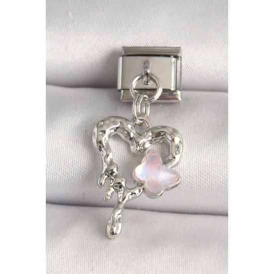 316L Çelik Gümüş Renk Kalp Pembe Mineli Kelebek Detay Nomination Charm - TJ-BC1310