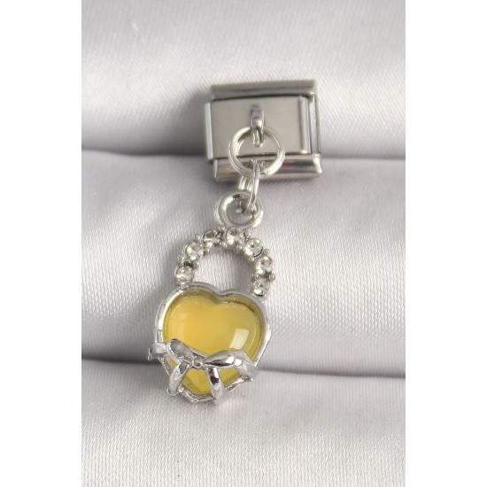 316L Çelik Gümüş Renk Zirkon Taşlı Sarı Kilit Kalp Model Nomination Charm - TJ-BC1311