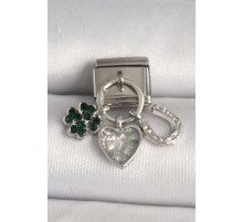 316L Çelik Gümüş Renk Zirkon Taşlı Kalp Yonca Nal Model Nomination Charm - TJ-BC1314