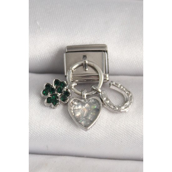 316L Çelik Gümüş Renk Zirkon Taşlı Kalp Yonca Nal Model Nomination Charm - TJ-BC1314