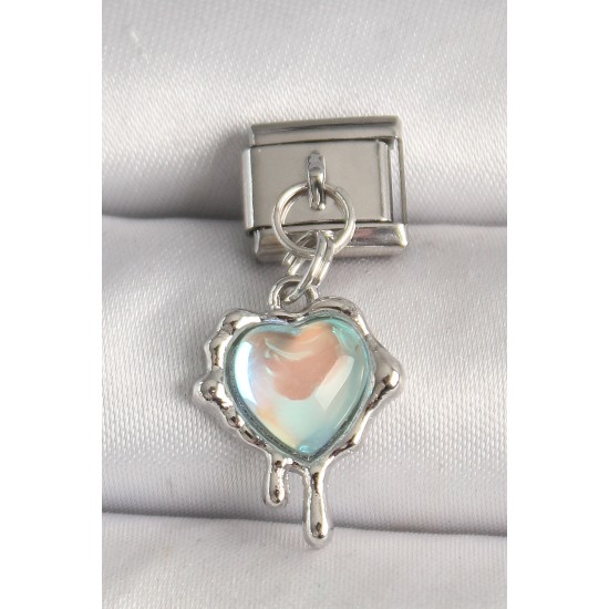 316L Çelik Gümüş Renk Mavi Hologram Mineli Eriyen Kalp Model Nomination Charm - TJ-BC1315