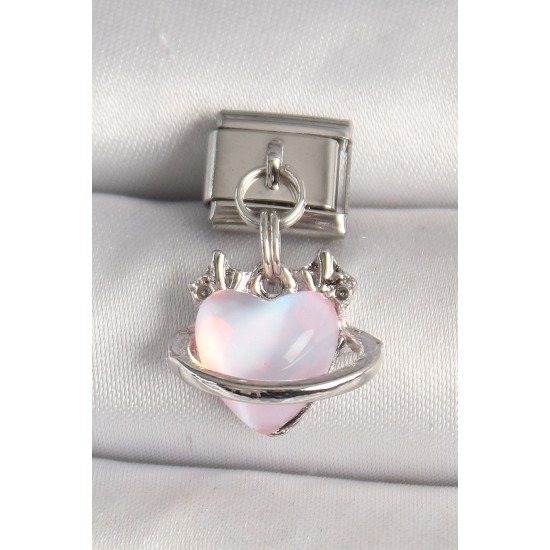 316l Çelik Gümüş Renk Pembe Mineli Kalp Model Nomination Charm - TJ-BC1317