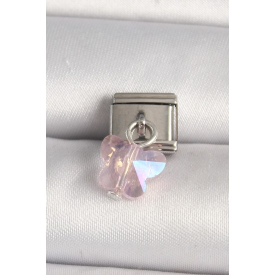 316L Çelik Gümüş Renk Pembe Zirkon Taşlı Kelebek Model Nomination Charm - TJ-BC1319