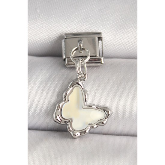 316L Çelik Gümüş Renk Beyaz Kelebek Model Nomination Charm - TJ-BC1320