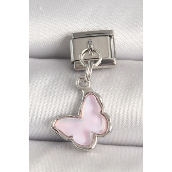 316L Çelik Gümüş Renk Pembe Kelebek Model Nomination Charm - TJ-BC1321