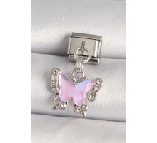 316L Çelik Gümüş Renk Zirkon Taşlı Pembe Kelebek Model Nomination Charm - TJ-BC1325