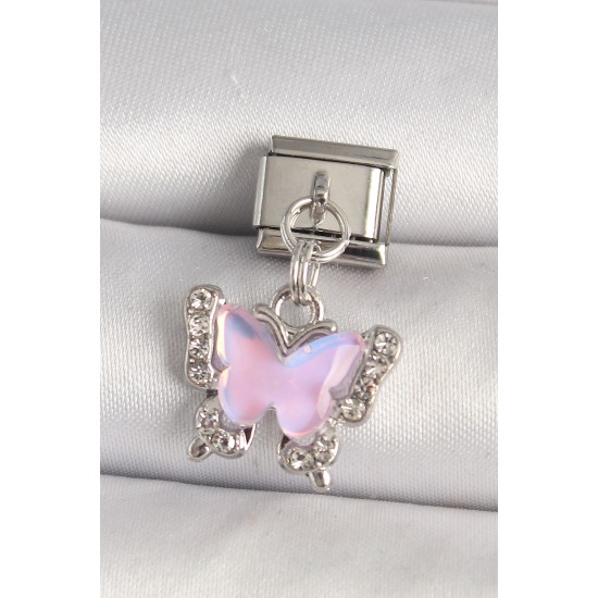316L Çelik Gümüş Renk Zirkon Taşlı Pembe Kelebek Model Nomination Charm - TJ-BC1325