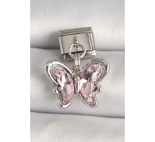 316L Çelik Gümüş Renk Pembe Zirkon Taşlı Kelebek Model Nomination Charm - TJ-BC1327