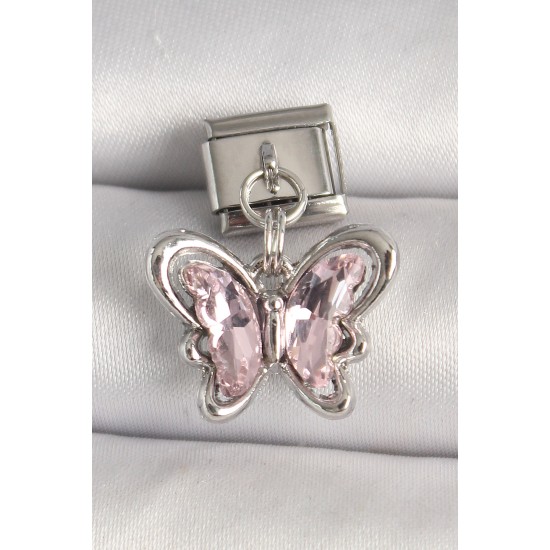 316L Çelik Gümüş Renk Pembe Zirkon Taşlı Kelebek Model Nomination Charm - TJ-BC1327