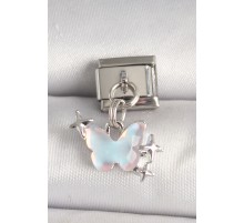 316L Çelik Gümüş Renk Mavi Mineli Kelebek Model Yıldız Detay Nomination Charm - TJ-BC1330