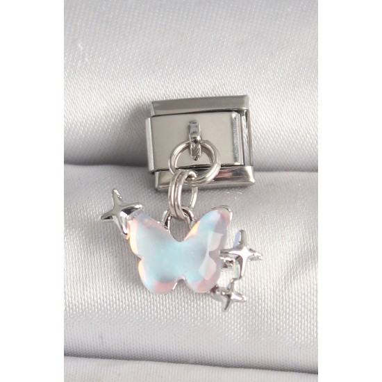 316L Çelik Gümüş Renk Mavi Mineli Kelebek Model Yıldız Detay Nomination Charm - TJ-BC1330