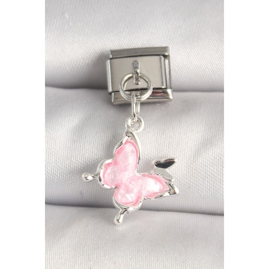 316L Çelik Gümüş Renk Pembe Kelebek Model Kelebek Detay Nomination Charm - TJ-BC1331