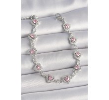 Pirinç Gümüş Renk Zirkon Taşlı Pembe Kalp Model VIP Seri Kadın Bileklik - TJ-BB6914