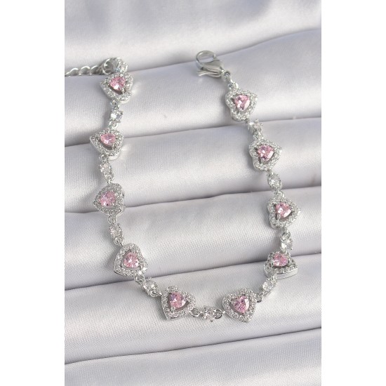 Pirinç Gümüş Renk Zirkon Taşlı Pembe Kalp Model VIP Seri Kadın Bileklik - TJ-BB6914