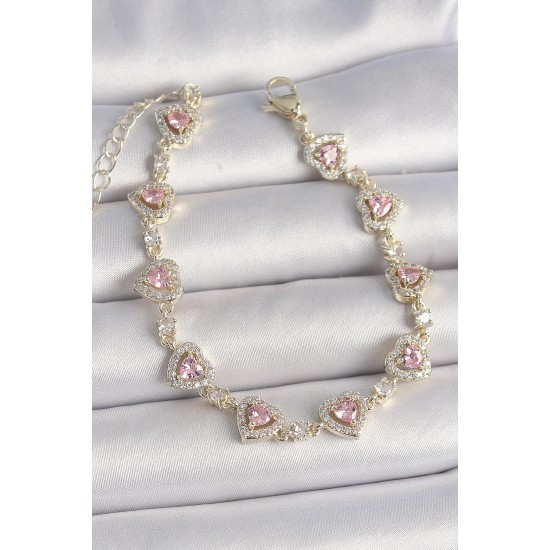 Pirinç Gold Renk Pembe Zirkon Taşlı Kalp Model VIP Seri Kadın Bileklik - TJ-BB6915