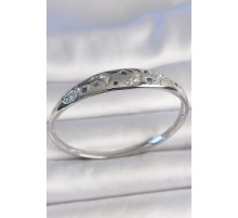 Pirinç Gümüş Renk Zirkon Taşlı Hilal İşlemeli Mavi Taşlı Yıldız Detay Kadın Kelepçe - TJ-BB6921