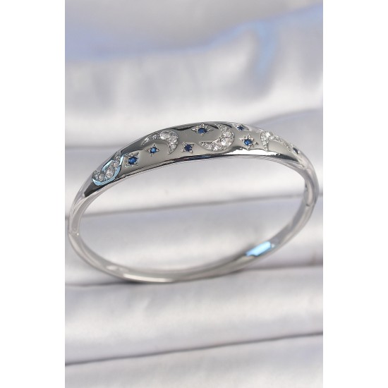 Pirinç Gümüş Renk Zirkon Taşlı Hilal İşlemeli Mavi Taşlı Yıldız Detay Kadın Kelepçe - TJ-BB6921