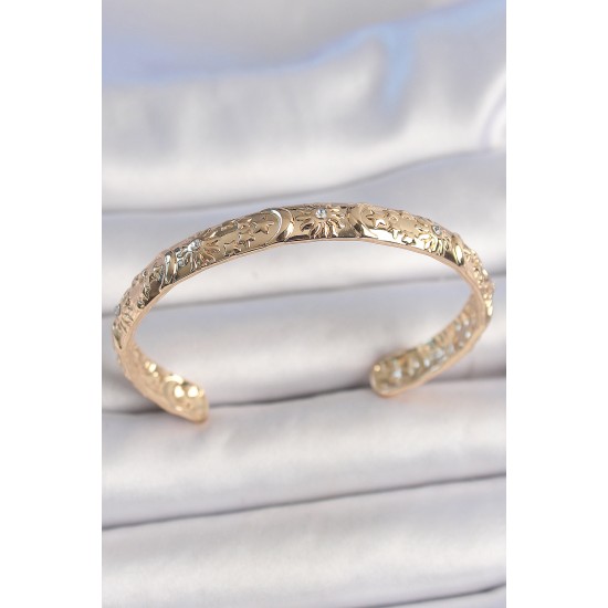 Pirinç Gold Renk İşlemeli Hilal Yıldız İşlemeli Model Zirkon Taş Detaylı Kadın Kelepçe - TJ-BB6924