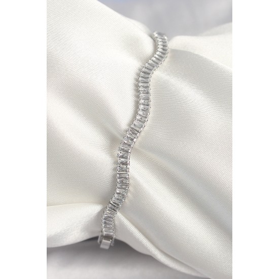 Pirinç Gümüş Renk Su Yolu Zirkon Taşlı Model Kadın Bileklik - TJ-BB6925