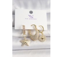 Pirinç Gold Renk Zirkon Taşlı Sallantı Yıldız Model Kutup Yıldız İşleme Detay 3'Lü Kadın Küpe - TJ-BKP10431