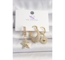 Pirinç Gold Renk Zirkon Taşlı Sallantı Yıldız Model Kutup Yıldız İşleme Detay 3'Lü Kadın Küpe - TJ-BKP10431
