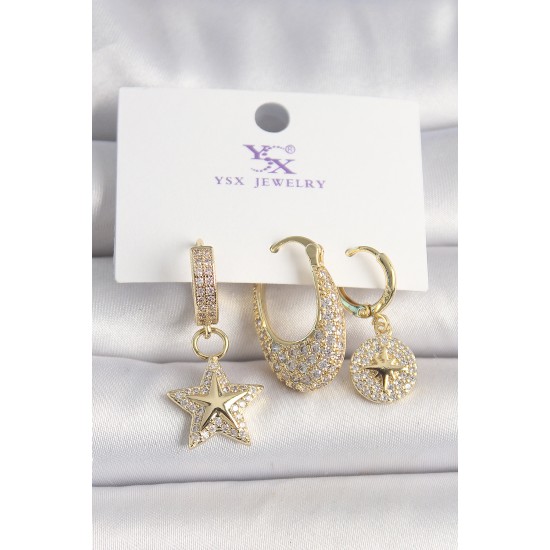 Pirinç Gold Renk Zirkon Taşlı Sallantı Yıldız Model Kutup Yıldız İşleme Detay 3'Lü Kadın Küpe - TJ-BKP10431