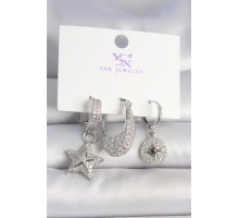 Pirinç Gümüş Renk Zirkon Taşlı Yıldız Model Kutup Yıldız İşleme Detay 3'Lü Kadın Kombin Küpe - TJ-BKP10432