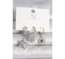 Pirinç Gümüş Renk Zirkon Taşlı Yıldız Model Kutup Yıldız İşleme Detay 3'Lü Kadın Kombin Küpe - TJ-BKP10432