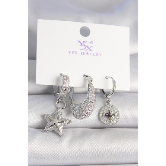 Pirinç Gümüş Renk Zirkon Taşlı Yıldız Model Kutup Yıldız İşleme Detay 3'Lü Kadın Kombin Küpe - TJ-BKP10432