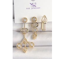 Pirinç Gold Renk Zirkon Taşlı Geometrik Model 3'Lü Kadın Kombin Küpe - TJ-BKP10433