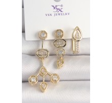 Pirinç Gold Renk Zirkon Taşlı Geometrik Model 3'Lü Kadın Kombin Küpe - TJ-BKP10433