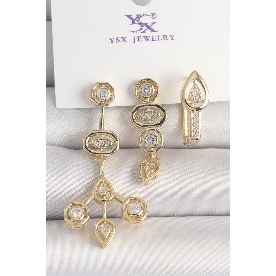 Pirinç Gold Renk Zirkon Taşlı Geometrik Model 3'Lü Kadın Kombin Küpe - TJ-BKP10433