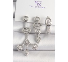 Pirinç Gümüş Renk Zirkon Taşlı Geometrik Model 3'Lü Kadın Kombin Küpe - TJ-BKP10434