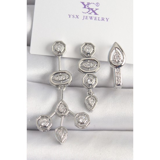 Pirinç Gümüş Renk Zirkon Taşlı Geometrik Model 3'Lü Kadın Kombin Küpe - TJ-BKP10434